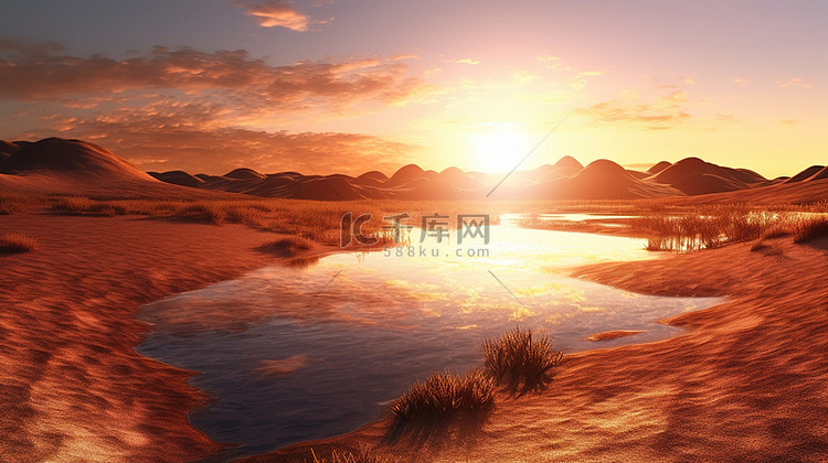 景观日落时水和沙山的 3d 插图