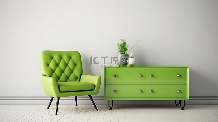 绿色椅子和抽屉柜的 3d 渲染