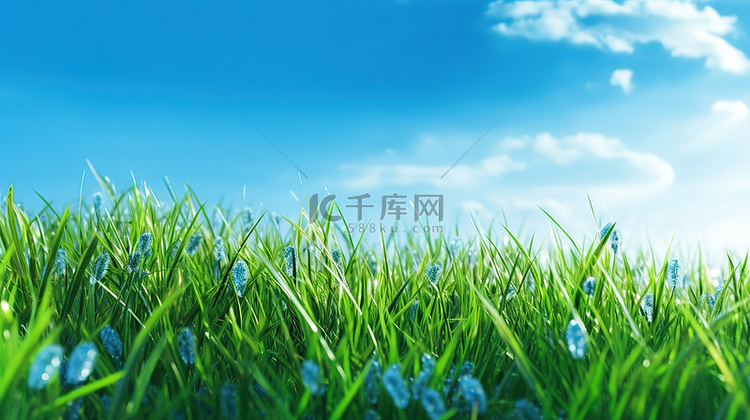 宁静的蓝天和郁郁葱葱的绿草背景