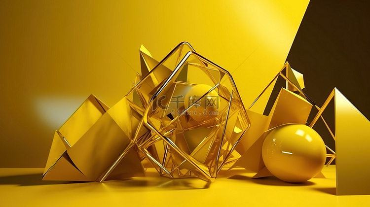 抽象 3D 渲染中的黄色几何形状