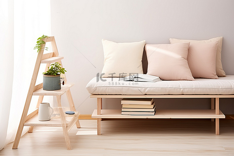 一张白色沙发，周围是木凳和两本
