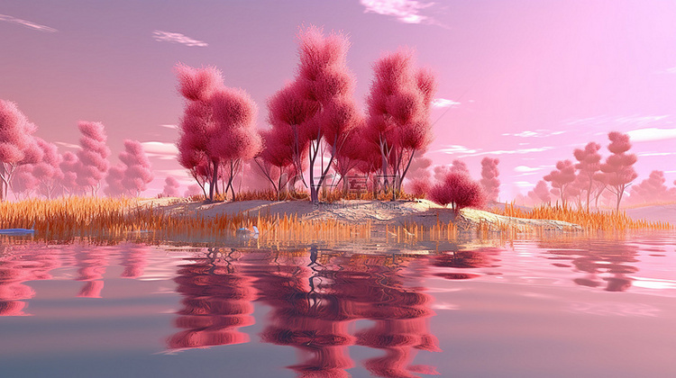 夏季背景 3D 渲染粉红色的树