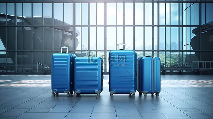 机场主题蓝色防护行李箱 3D 渲染
