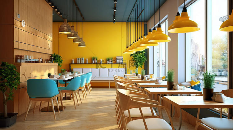 舒适咖啡馆餐厅内部的 3D 渲染