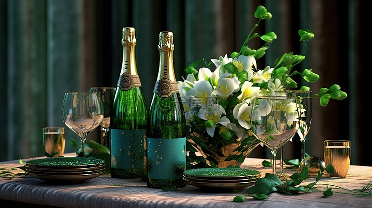 装饰精美的桌子，配有香槟酒杯和