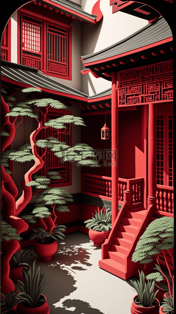 中国风建筑松树红色背景