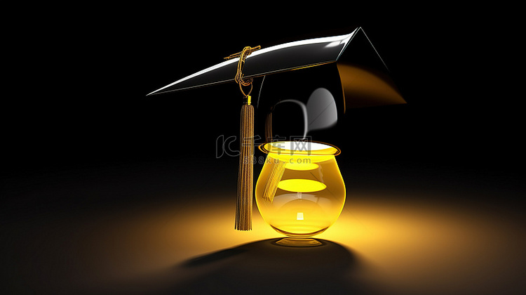 3D 渲染中带有毕业帽的黄色灯泡