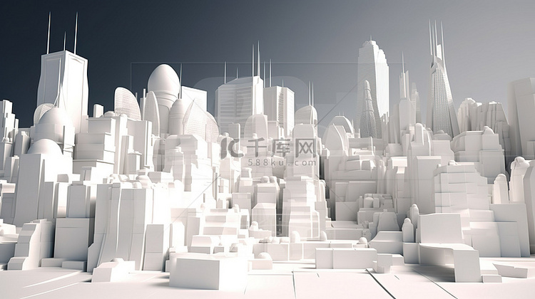 白色 3d 渲染背景中的低聚城