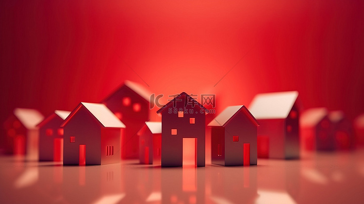 一组模糊房屋的孤立红色背景的 