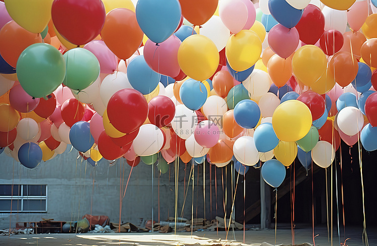 地上挂着许多彩色气球