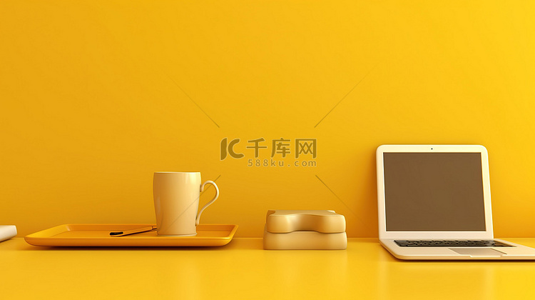 黄色办公桌，配有手机和数字平板