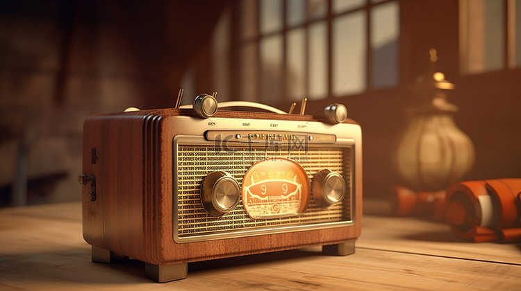 木桌上的老式收音机，以 3D 