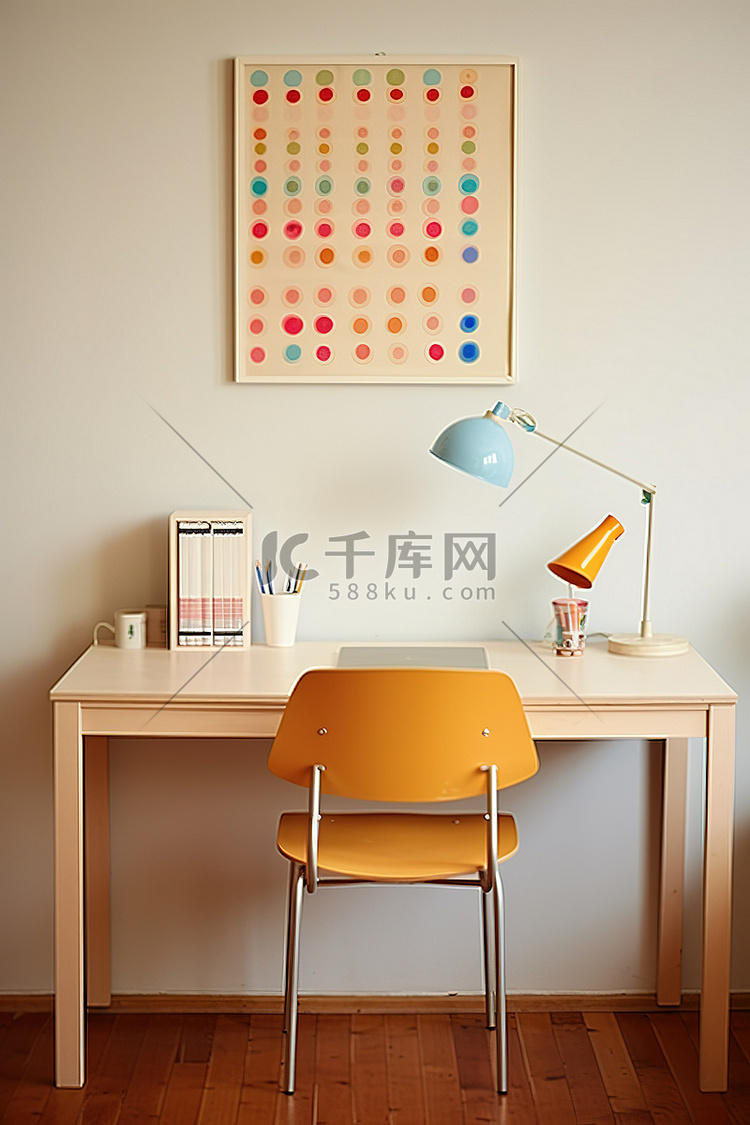 家庭办公室的办公桌和橙色椅子