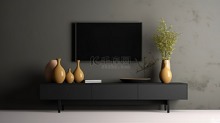 现代电视柜模型采用时尚的黑色设
