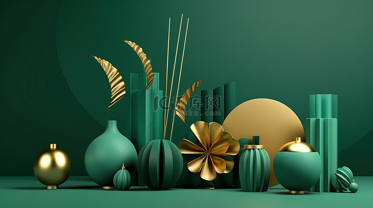 充满活力的绿色和金色抽象花瓶彩