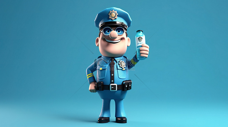 一位异想天开的警察拿着苏打水瓶
