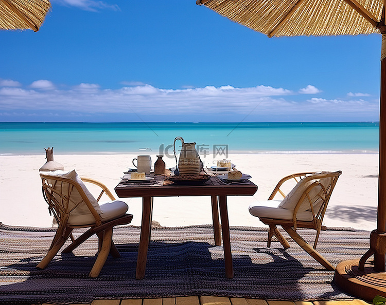 蓝色大海旁的海滩上设有桌椅的户