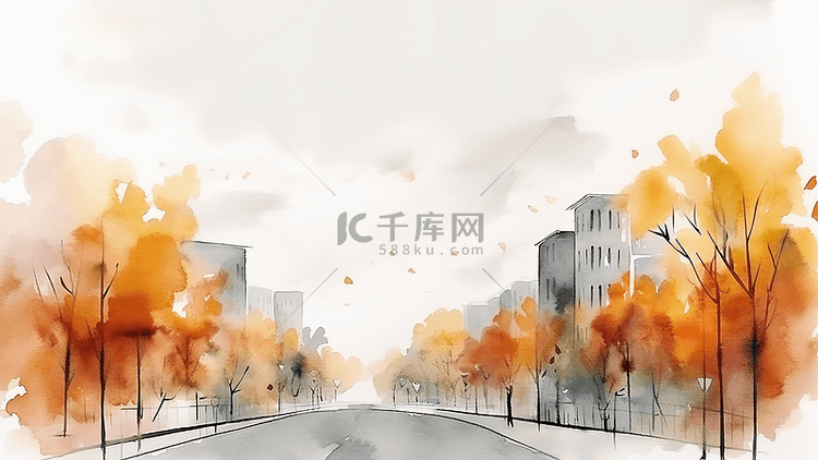 秋天水彩城市插画