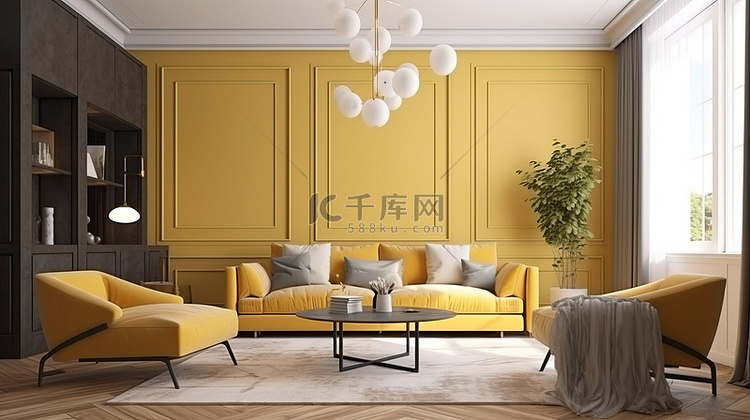 现代黄色客厅的豪华装饰 3D 渲染