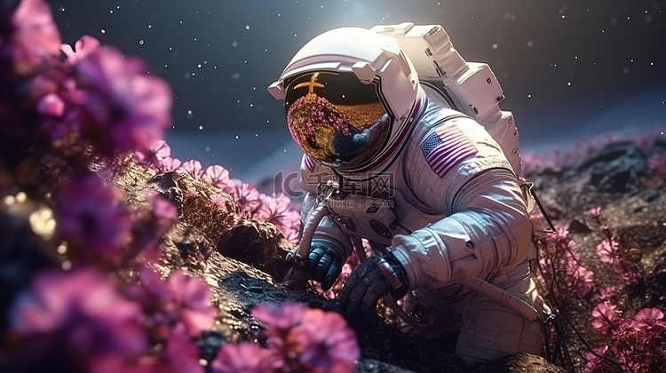 3D 插图月球上的宇航员用水浇花