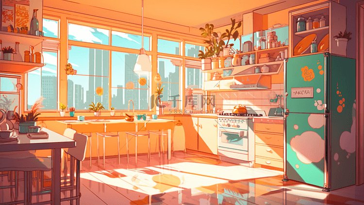 厨房橘色可爱明亮背景