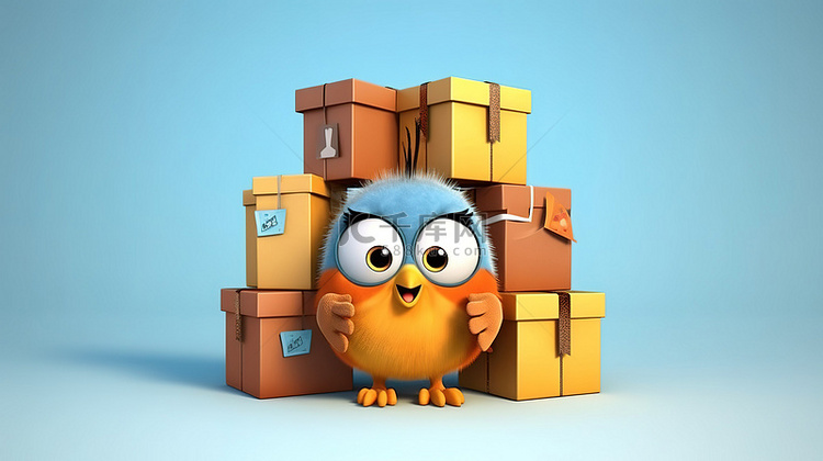 可爱的 3D 小鸟抓着盒子，幽默