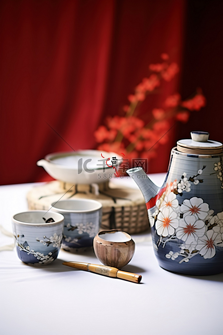 一套日本茶具，配有瓶子茶杯器具