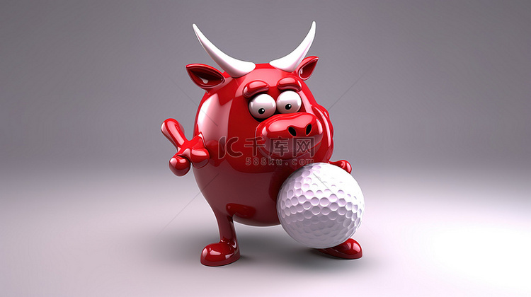 机智的 3d 红牛手里拿着高尔夫球