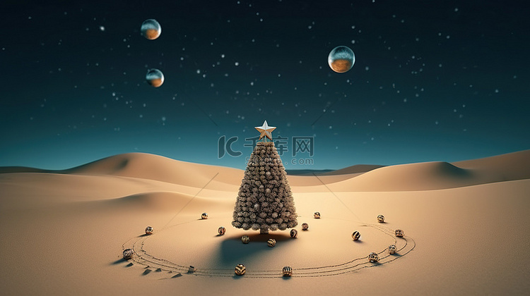 节日圣诞树背景与 3D 渲染产