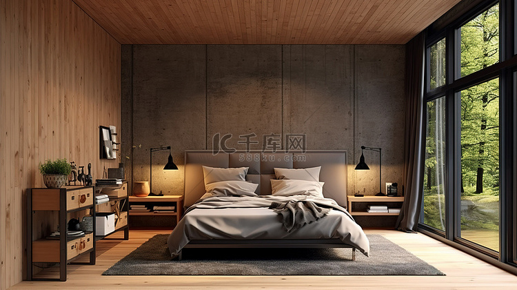 具有舒适室内设计的木制卧室阁楼