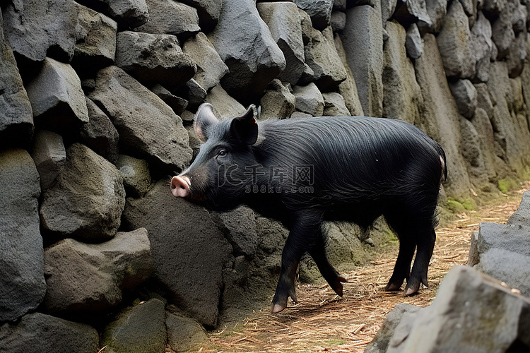 一只黑猪站在高高的石墙上