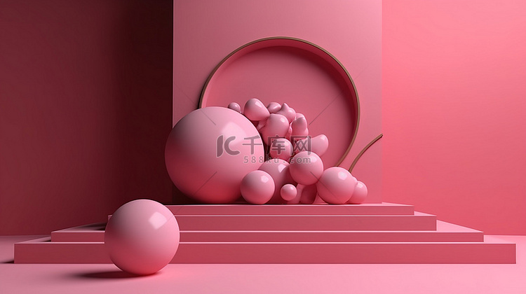3D 渲染中带有心形和粉红色球