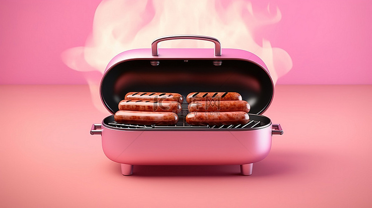 粉红色背景上的铁板烟熏烧烤架，