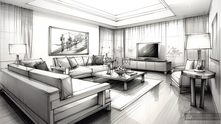 客厅的 3D 渲染与草图设计