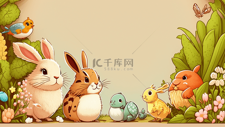 动物兔子小鸟花草插画边框背景