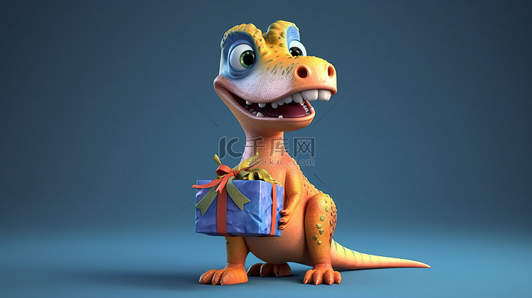 可爱的 3d 恐龙，手里拿着礼物