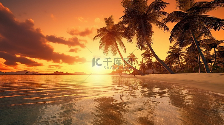 夏季海滩日落景观的 3d 渲染