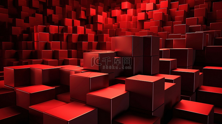 抽象 3D 渲染中堆叠的红色立