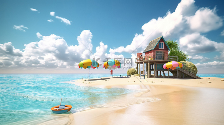 暑假梦想 3D 渲染的海滩景观