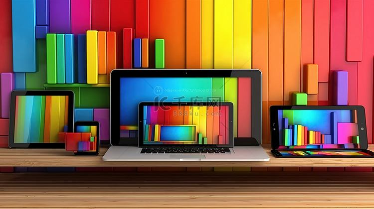 多媒体设备显示在充满活力的彩虹