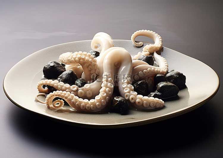 一只章鱼被放在一个碗里，放在石