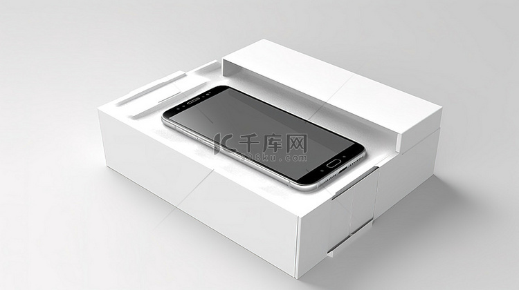 白色背景智能手机，盒子以 3d