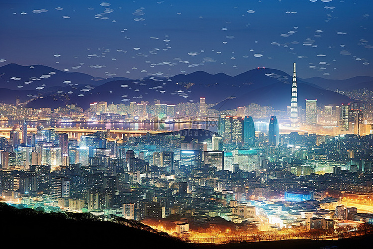 首尔城市天际线在夜间出现在背景
