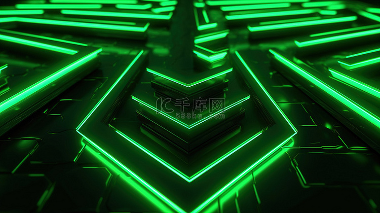 抽象 3D 插图霓虹绿色箭头代