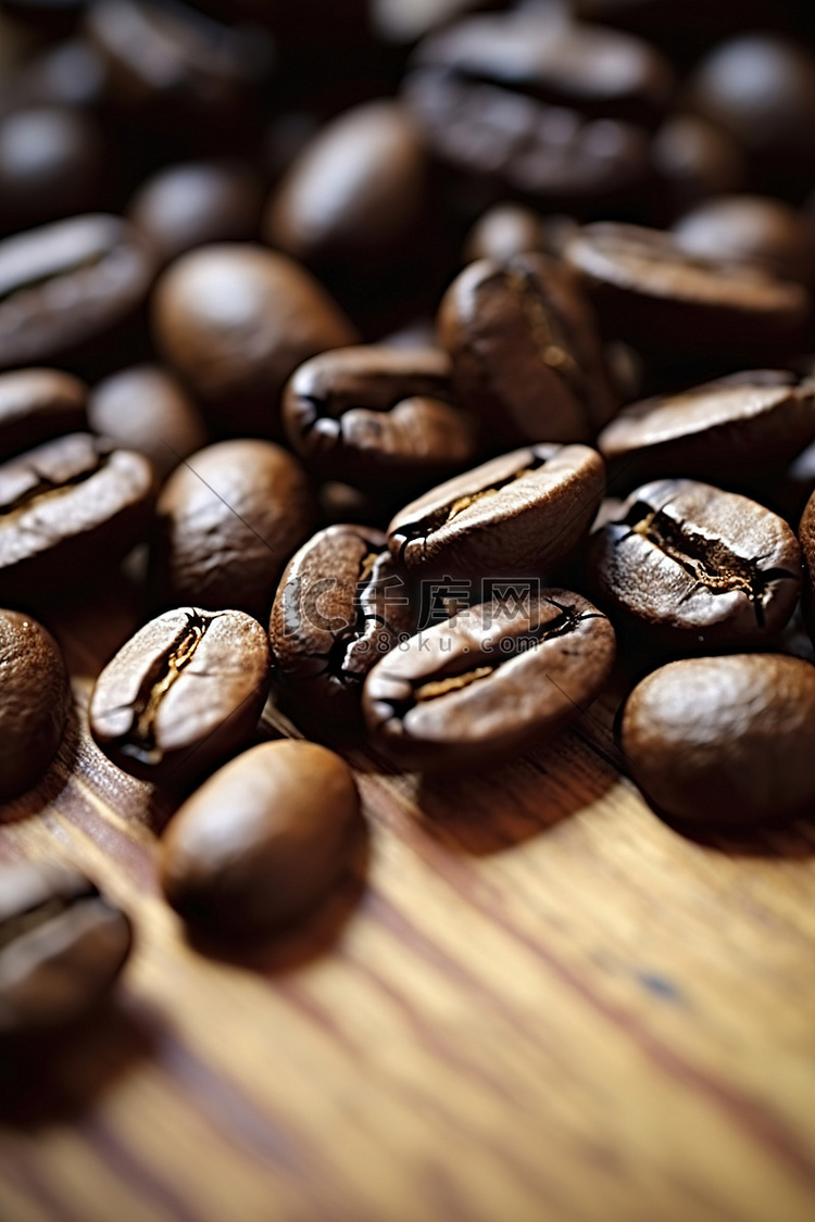 木质表面上的咖啡豆