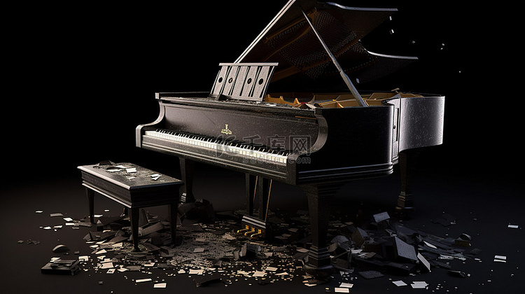 3D 渲染中破旧磨损的钢琴