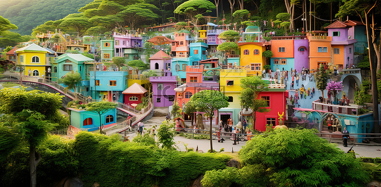 一个小村庄里有许多色彩鲜艳的房