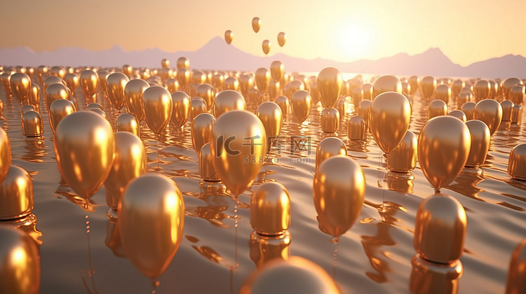 金条在 3D 渲染中被气球举起