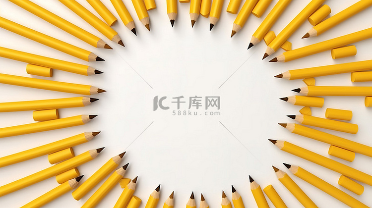 白色背景上黄色铅笔框架的顶视图