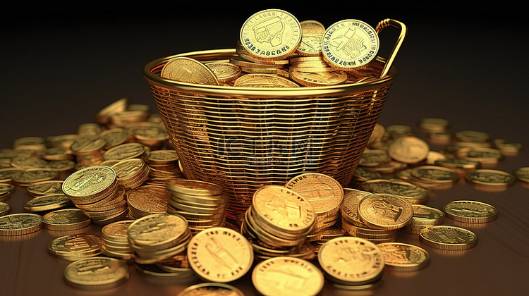 购物篮中成堆的欧元硬币 3D 